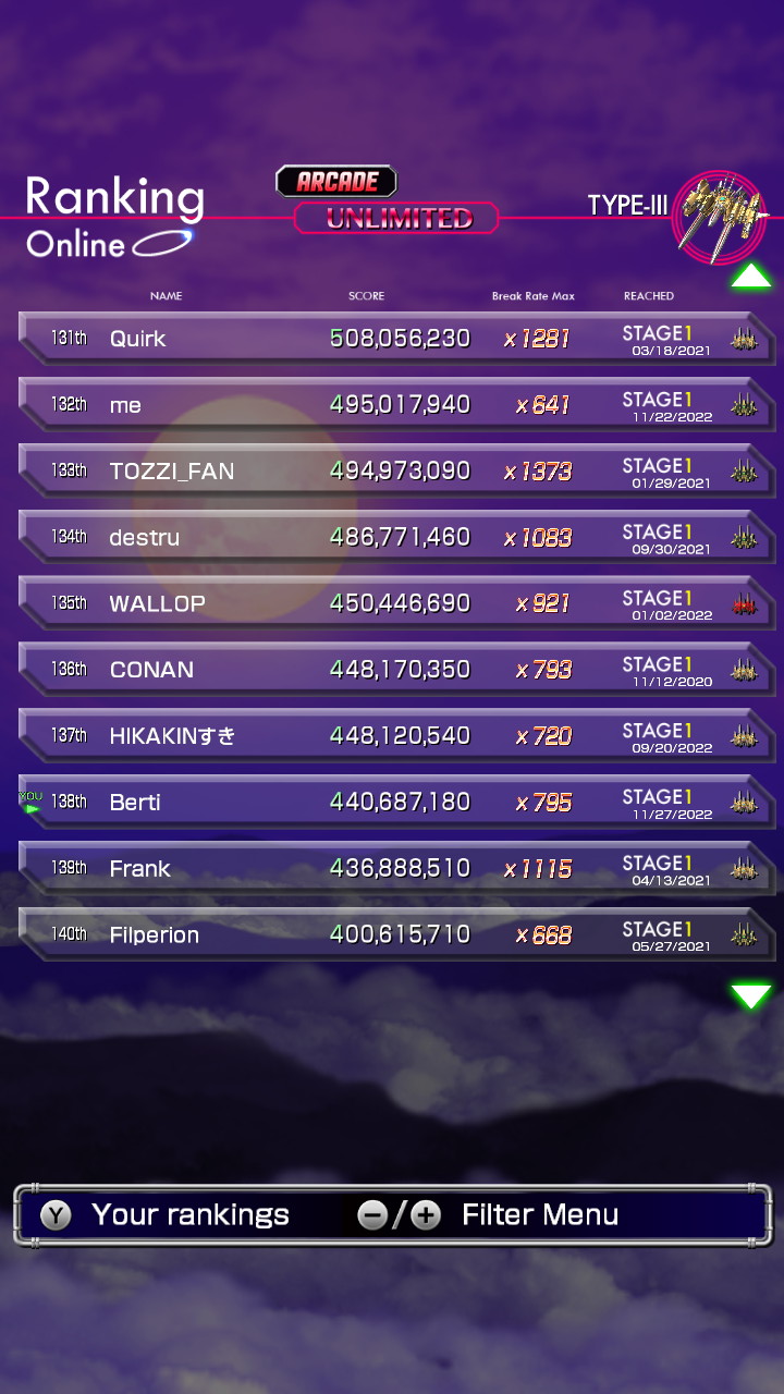 Screenshot: Crimzon Clover World Explosion online leaderboards of Arcade mode on Unlimited difficulty with ship Type-III showing Berti at 138th place with a score of 440 687 180